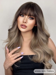 Peruca pentru femei, par lung usor ondulat, cu breton, imita parul natural, culoarea blond cenusiu ombre, lungime 66 cm - Img 5
