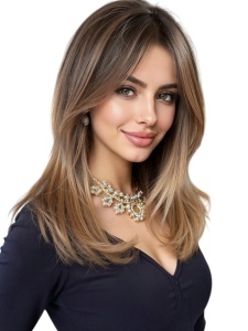 Peruca pentru femei, par lungime medie, cu breton, culoarea saten ombre deschis, lungime 45 cm
