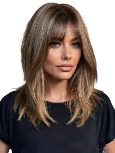 Peruca pentru femei, par mediu drept, cu breton, imita parul natural, 50 cm, culoarea saten suvitat