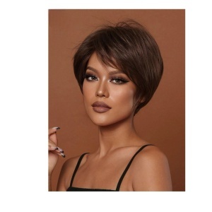 Peruca pentru femei, par scurt bob, cu breton, imita parul natural, culoarea saten inchis, lungime 25 cm, The Casius.® - Img 4
