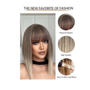 Peruca pentru femei, par scurt drept, cu breton, imita parul natural, culoarea blond ombre, lungime 36 cm - Img 6