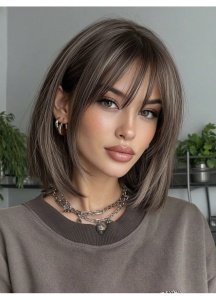 Peruca pentru femei, tunsoare Bob scurta cu breton, fibra sintetica cu aspect natural, 30 cm, brown ombre - Img 2
