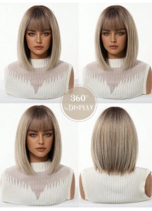 Peruca pentru femei, tunsoare Bob scurta dreapta, cu breton, fibra sintetica rezistenta la caldura, 30 cm, blond auriu - Img 4