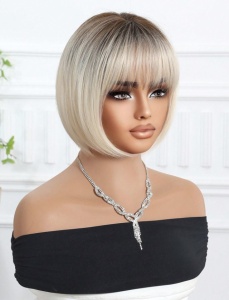 Peruca pentru femei, tunsoare par scurt bob, cu breton, lungime 25.4 cm, culoarea blond auriu cu radacini inchise - Img 3