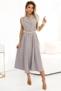 Rochie camasa midi eleganta cu nasturi si curea aurii - bej gri