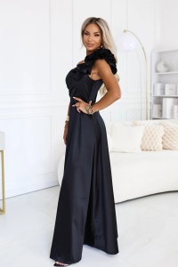 Rochie de seară maxi din satin, cu un umăr gol, cu volănaș decorativ - negru - Img 3