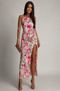 Rochie din Satin - Flori Fuchsia kaki