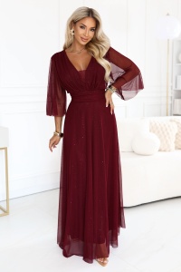 Rochie lungă strălucitoare plus size cu decolteu și mânecă transparentă - bordo