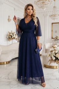 Rochie lungă strălucitoare, plus size, cu decolteu și mânecă transparentă - bleumarin