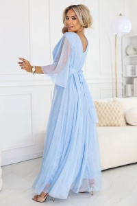Rochie lungă strălucitoare plus size cu decolteu și mânecă transparentă - albastru deschis - Img 2