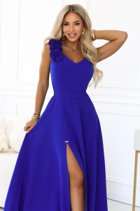 Rochie maxi de seară elegantă cu crestătură și trandafiri - albastru viorelă - Img 4