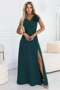 Rochie maxi romantică cu floare pe umăr și crestătură - verde sticla