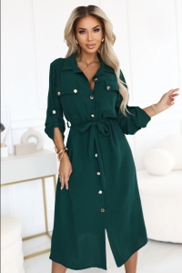 Rochie midi cu nasturi aurii și nodă - verde
