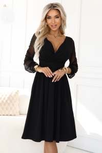 Rochie midi elegantă cu decolteu înfășurat și mâneci din tul - neagră