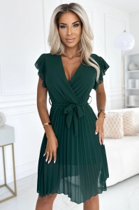 Rochie plisată din șifon cu decolteu și volane - verde