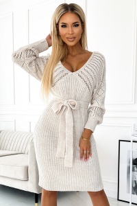 Rochie tricotată ajurată cu decolteu și șnur - BEJ