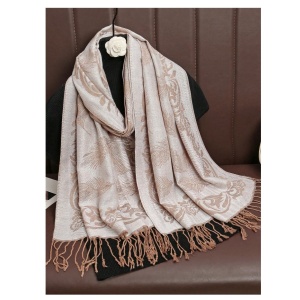 Sal subtire pentru dama din materiale premium, bordura cu franjuri, culoarea bej crem, The Casius.® - Img 3