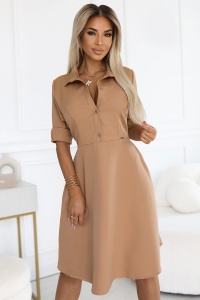 SANDY Rochie cămașă evazată cu curea - MOCHA MOUSSE