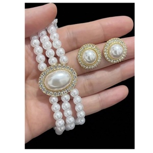 Set colier choker din perle albe faux cu pandantiv si cercei perla, culoarea alb - Img 3