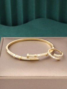 Set de bratara si inel, design Cui, strasuri zirconiu, accesoriu fashion, auriu - Img 2
