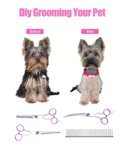 Set foarfece profesionale grooming animale 6 in 1, otel inoxidabil, foarfece curbate si drepte, pieptene inclus, pentru caini si pisici, dreptaci - Img 3