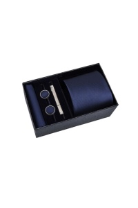 Set pentru barbati, include cravata, batista de buzunar, butoni, clema de cravata in design clasic, culoarea albastru inchis, The Casius.®