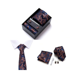 Set pentru barbati, include cravata, batista de buzunar, butoni, clema de cravata in design clasic, culoarea albastru si maro, The Casius.® - Img 2