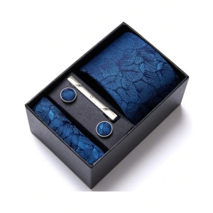 Set pentru barbati, include cravata, batista de buzunar, butoni, clema de cravata in design clasic, culoarea albastru ultramarin, The Casius.® - Img 2