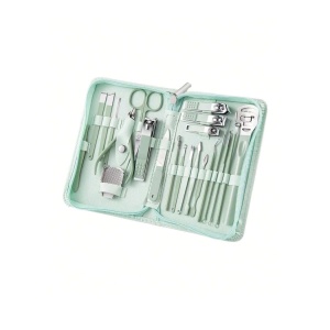 Set profesional de ingrijire manichiura si pedichiura, 22 accesorii, otel inoxidabil, inclus etui, culoarea verde
