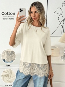 Tricou dama lejer cu maneca scurta, guler rotund si tiv din dantela, casual elegant - Img 3