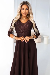 AMBER Rochie lungă elegantă din dantelă cu decolteu - ciocolatiu