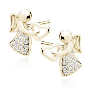 Cercei pentru copii model știft din argint 925 placați cu aur 14K, îngerași cu inimioare și zirconii albe, 11x11 mm