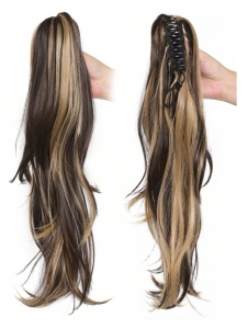 Coada de par extensie Ponytail usor ondulata, 45 cm, culoarea saten cu suvite blonde - Img 2