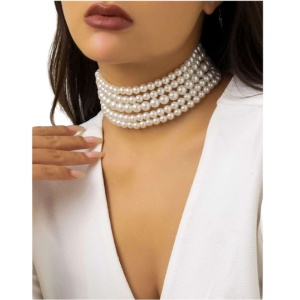 Colier choker din multiple siraguri de perle albe faux pentru femei, model la baza gatului, culoarea alb