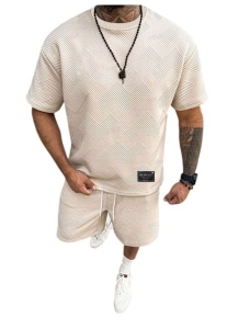 Compleu de tricou si pantaloni scurti pentru barbati, material texturat, culoarea crem