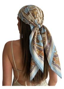 Esarfa bandana pentru femei cu imprimeu vintage, textura satinata, potrivita pentru purtare zilnica si de petrecere, 90x90 cm, alb si bleu