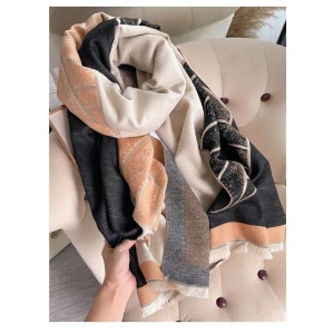 Esarfa lunga tip sal pentru dama din materiale premium, model frunza, negru si bej - Img 3