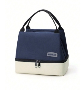 Geanta de pranz portabila din poliester pentru scoala, birou, calatorie, model Duo, 20 x 14 x 24 cm, culoarea bleumarin, theCasius.®