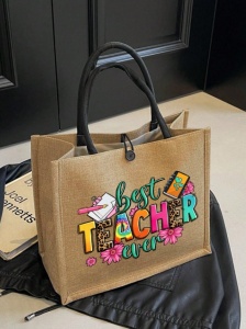 Geanta tote din in cu portofel, model Best Teacher, 31x34x14cm, bej - Img 3