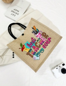 Geanta tote din material de in cu portofel, model Best Teacher Ever, 34 x 14 x 31 cm, bej - Img 6