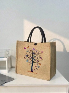 Geanta tote din material de in cu portofel, model Copac cu fluturi, 31 x 35 x 13.5 cm, culoarea bej - Img 4