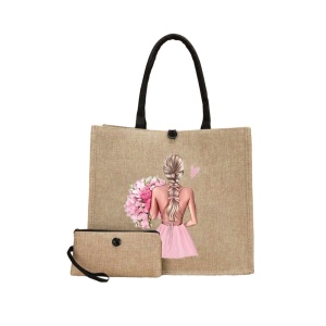 Geanta tote din material de in cu portofel, model Fata cu buchet mare de flori roz, 34x30x17.5 cm