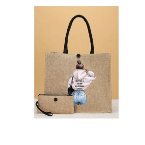 Geanta tote din material de in cu portofel, model Fata cu hanorac alb, 34x31x15x15 cm, culoarea bej - Img 3