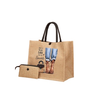 Geanta tote din material de in cu portofel, model Fata pe tocuri, 34 x 31 x 15 cm cm, culoarea bej