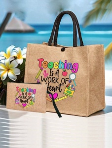 Geanta tote din material de in cu portofel, model Teaching, potrivita pentru invatatoare, 31 x 34 cm, culoarea bej - Img 5