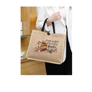 Geanta tote din material de in, model Books and Coffee, 31 x 35 x 13.5 cm, culoarea bej - Img 3