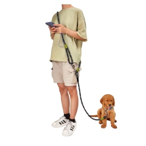 Lesa crossbody pentru animale de companie, din material reflectorizant, potrivita pentru plimbari cu mainile libere, 250 cm, culoarea negru si verde, The Casius.®