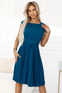 LILA Rochie clasică plisată cu mâneci scurte și curea - culoarea mării