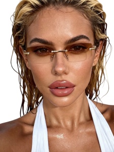 Ochelari de soare unisex retro dreptunghiulari, fara rama, lentile maro, design minimalist metalic, stil Y2K