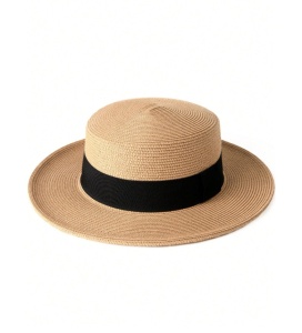 Palarie de paie Boho, cu margine neagra, coroana de 56 cm ajustabila, bej - Img 6